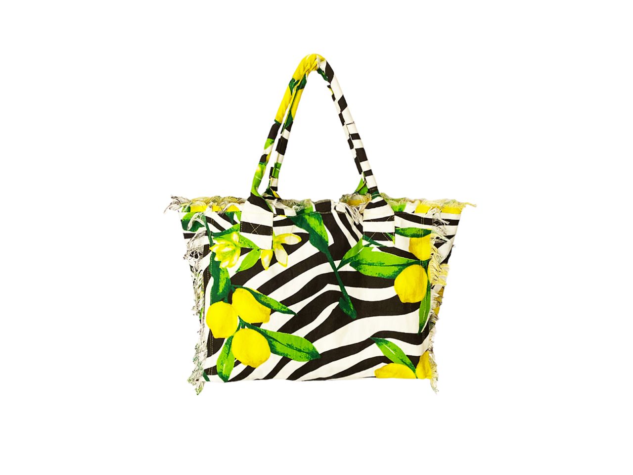 Borsa con frange in canvas zebrata con limoni