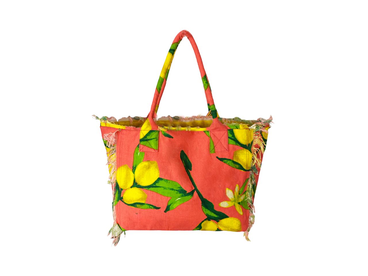 Borsa con frange canvas a fantasia limoni con fondo rosa