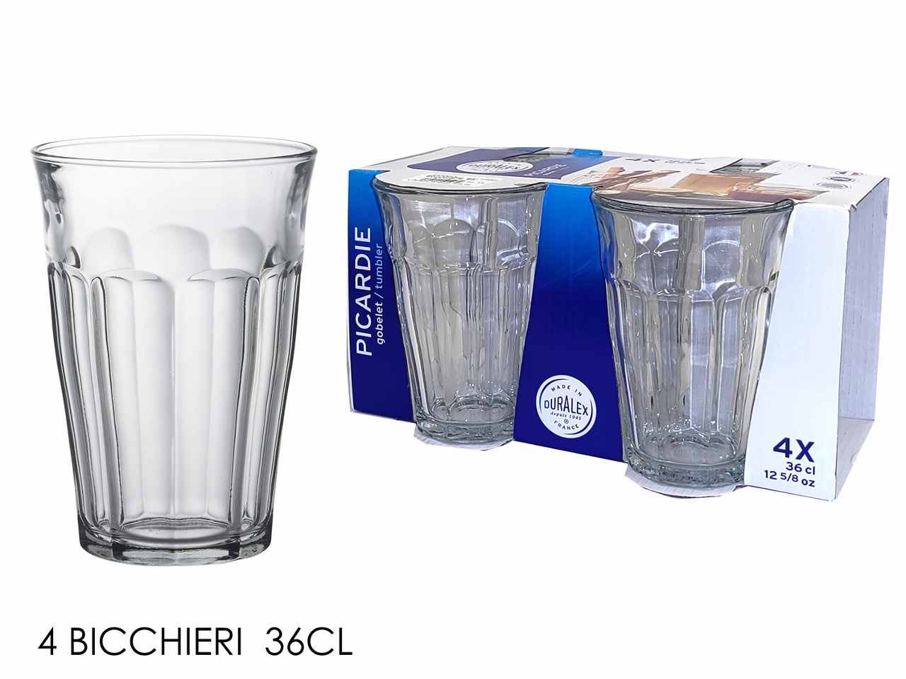 Bicchieri in vetro temperato trasparente linea picardie 36cl 4 pezzi