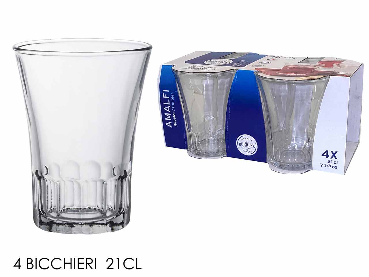 Bicchieri in vetro temperato trasparente linea amalfi 21cl 4 pezzi