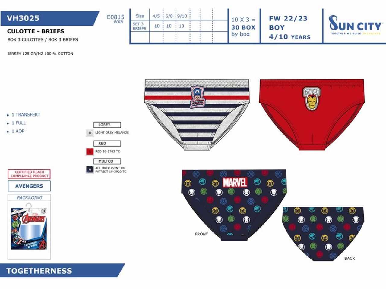 Avengers slip 3 pezzi taglia 4-10 anni 100% cotone
