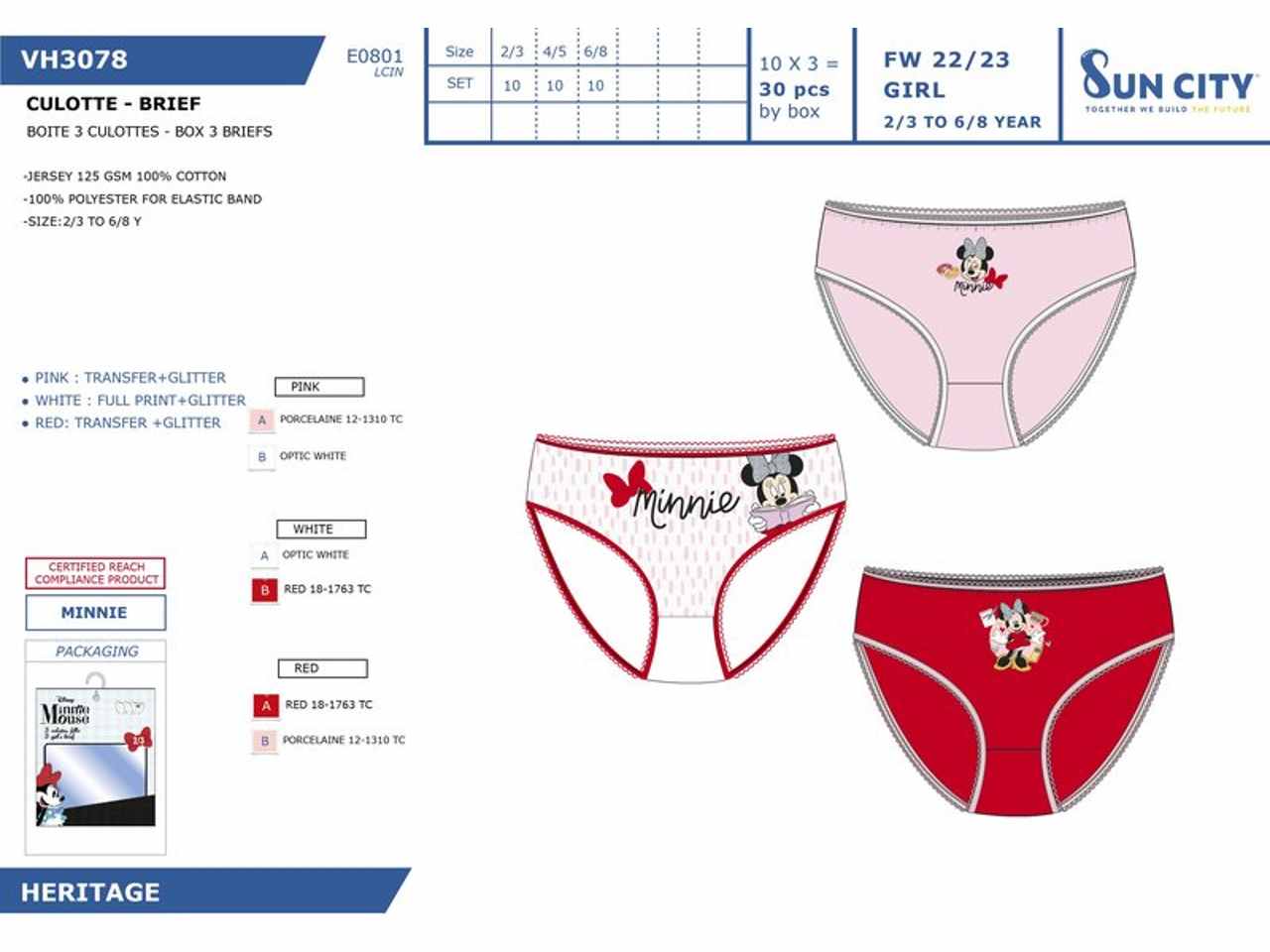 Minnie slip 3 pezzi taglia 2-8 anni 100% cotone