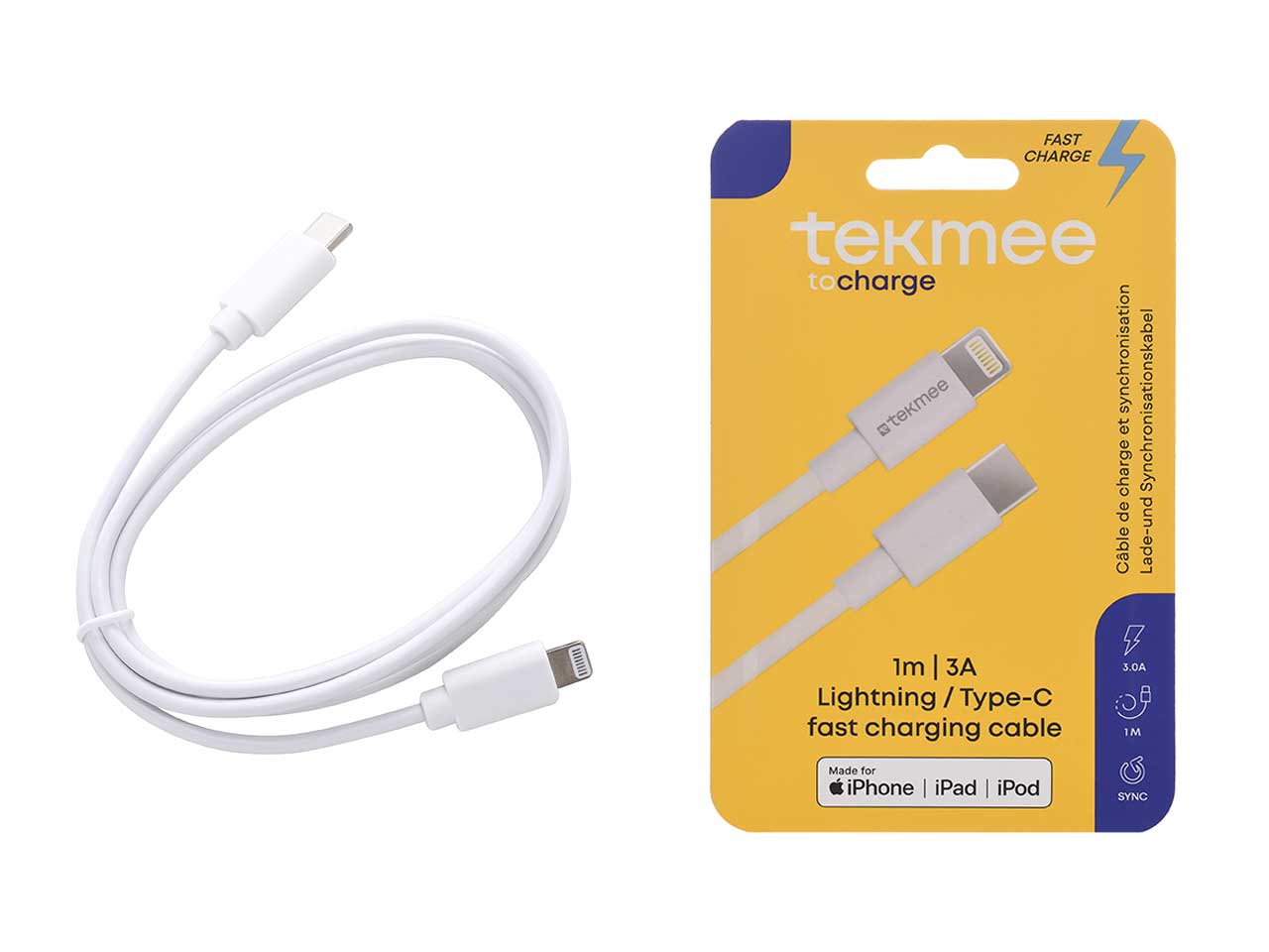 Cavo per ricarica rapida per tablet e smartphone tekmee mfi lightning to type-c 3a
