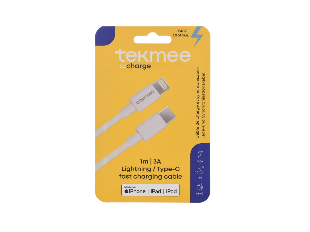 Cavo per ricarica rapida per tablet e smartphone tekmee mfi lightning to type-c 3a