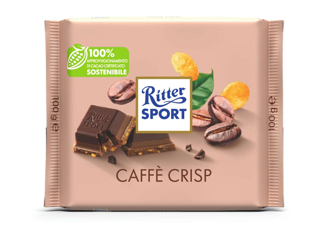 Tavoletta 100gr caffe' crisp cioccolato fondente su uno strato di cacao e caffè, con croccanti pezzi di cornflakes