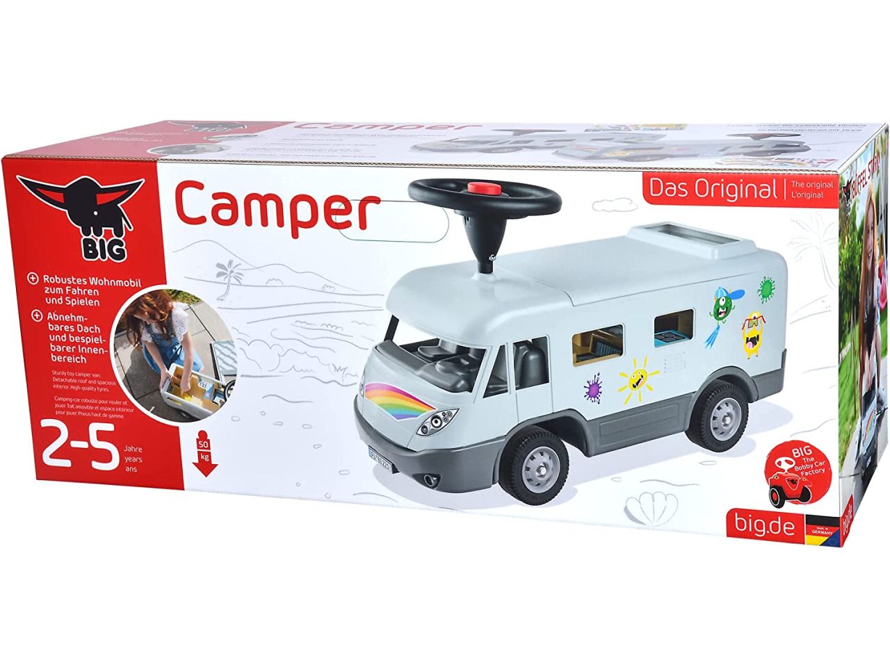 Big tronchesini camper con volante, pneumatici silenziosi, 2-in-1, tetto smontabile, adatto da 2 a 5 anni