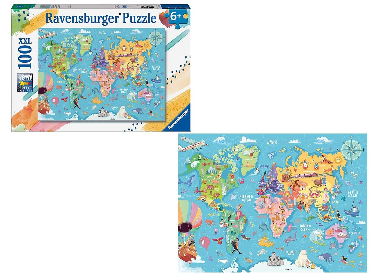 Puzzle Mappa del mondo, 100 Pezzi XXL, Età Raccomandata 6+ Anni - Ravensburger