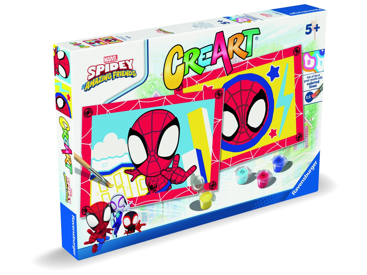 CreArt Serie Junior: Dipingi con Spidey - Set Marvel da 2 Tavole, 5 Colori e Pennello - Ravensburger