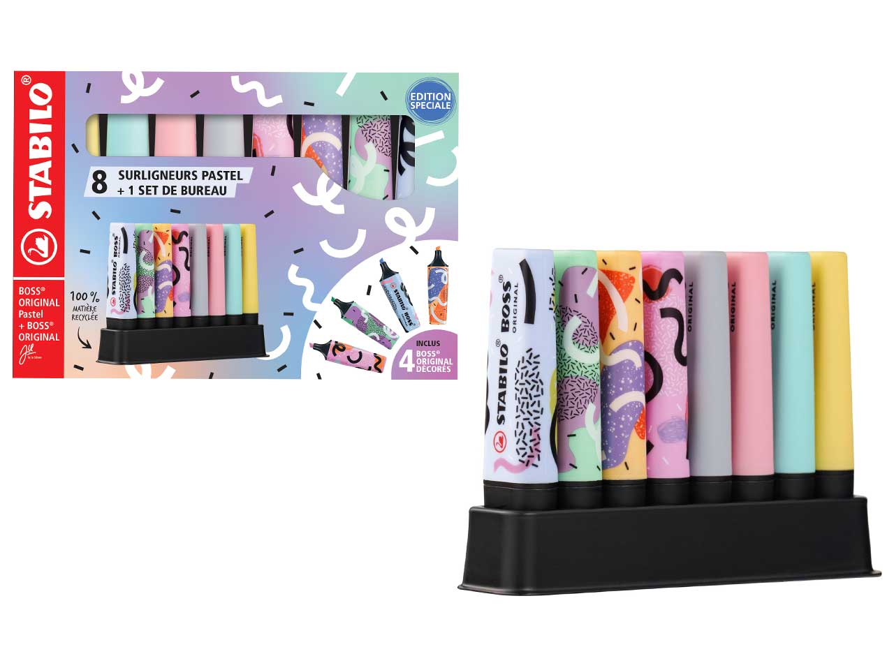 Stabilo Boss, Set evidenziatori, 4 Tonalità Pastello e 4 Boss by Juschnee, 8 pezzi