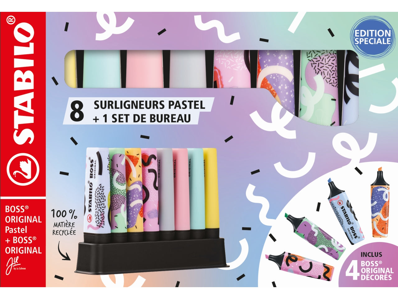 Stabilo Boss, Set evidenziatori, 4 Tonalità Pastello e 4 Boss by Juschnee, 8 pezzi