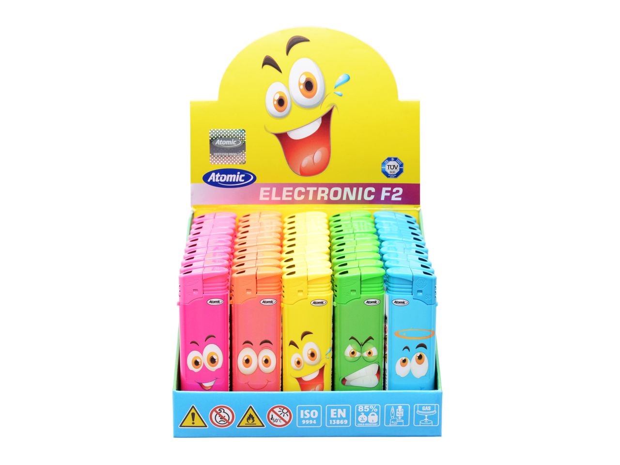 Accendino elettronico atomico f2 softflame fanny faces - ricaricabile con facce divertenti assortite - la confezione comprende 50 accendini