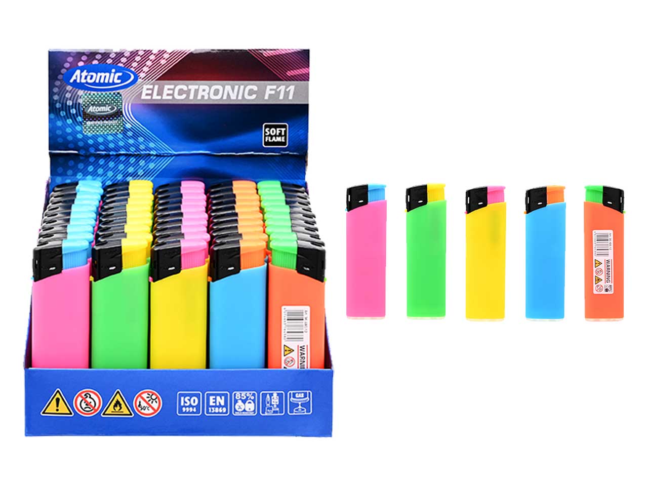 Accendino elettronico atomico f11 softflame neonrubber assortiti - la confezione comprende 50 accendini