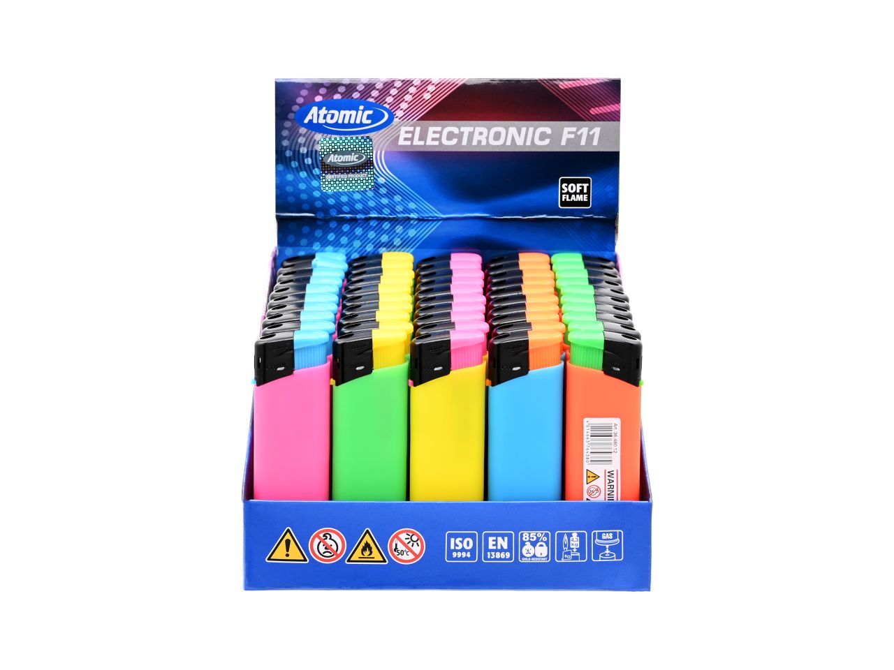 Accendino elettronico atomico f11 softflame neonrubber assortiti - la confezione comprende 50 accendini