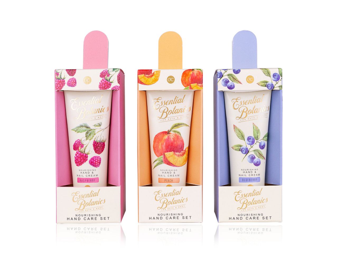 Essential botanics fruits set cura mani con crema mani e  lima per unghie. fragranze assortite: pesca, mirtillo e lampone