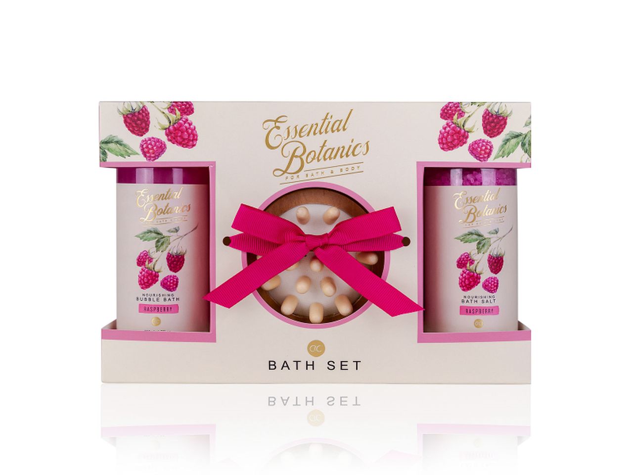Essential botanics fruits set bagno con bagno schiuma 200ml, sali 260gr, spugna da massaggio. fragranza lamponi