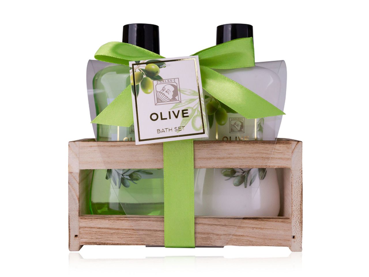 Scatola in legno con shower gel 190ml, crema corpo da 190ml. fragranza alle olive.