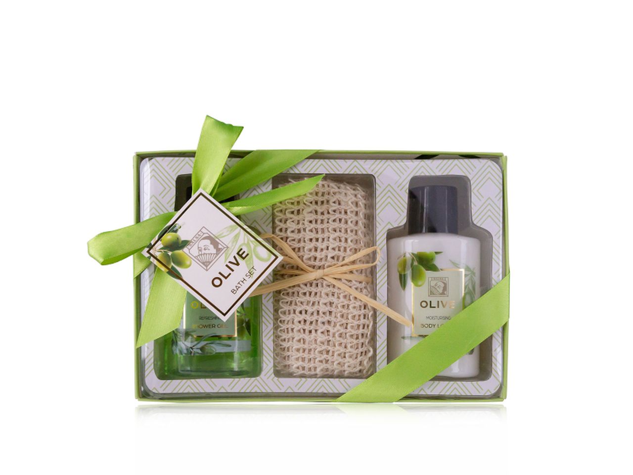 Scatola regalo in carta con shower gel da 100ml, crema corpo da 100ml e asciugamano in sisal. fragranza alle olive.