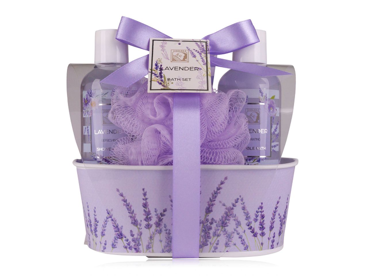 Scatola in metallo con shower gel da 150ml, crema corpo da 50ml, bagnoschiuma da 150ml e spugna a rete.fragranza alla lavanda