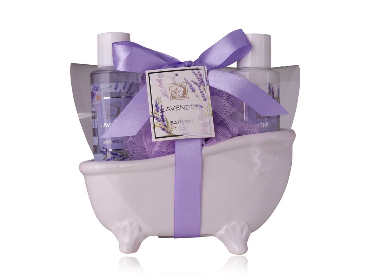 Vasca in ceramica con shower gel da 100ml, crema corpo da 100ml e spugna a rete da 15gr. fragranza alla lavanda