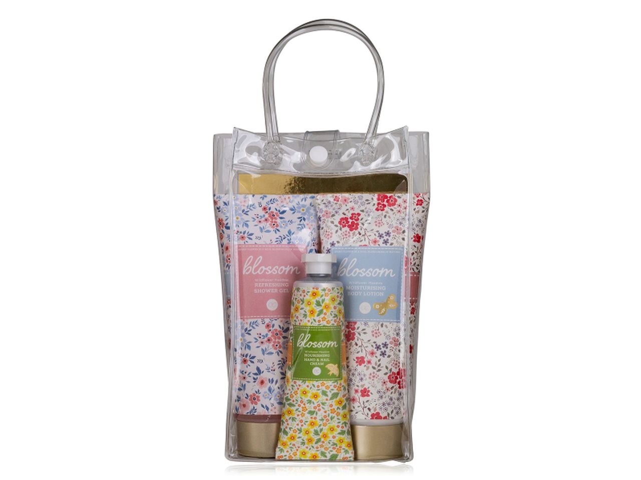 Busta trasparente con shower gel 200ml, crema corpo da 200ml e crema mani da 60ml. fragranza fiori selvatici