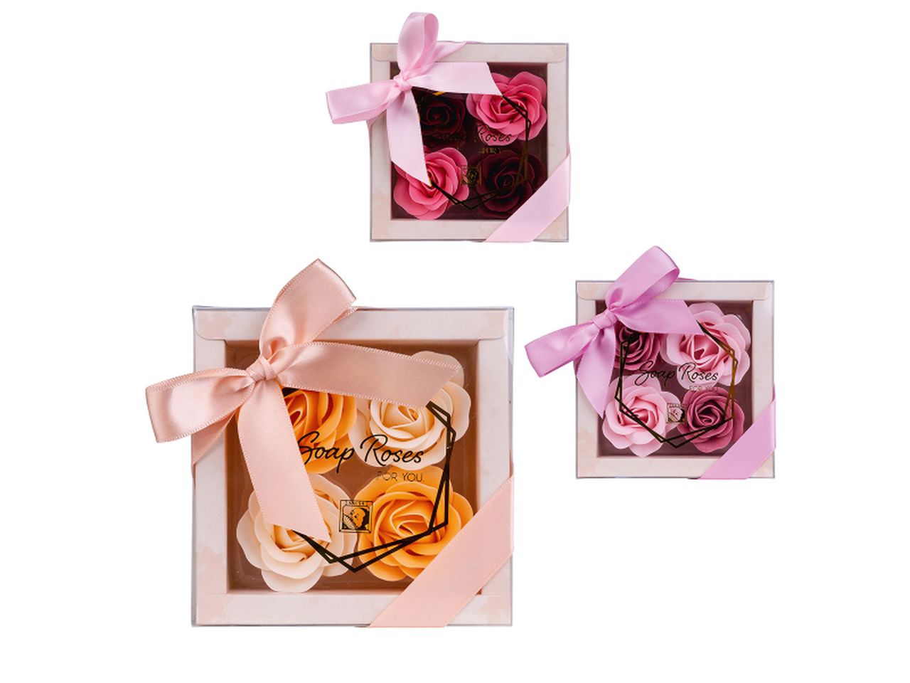 Confezione regalo con 4 rose da bagno da 4gr in 3 diversi colori