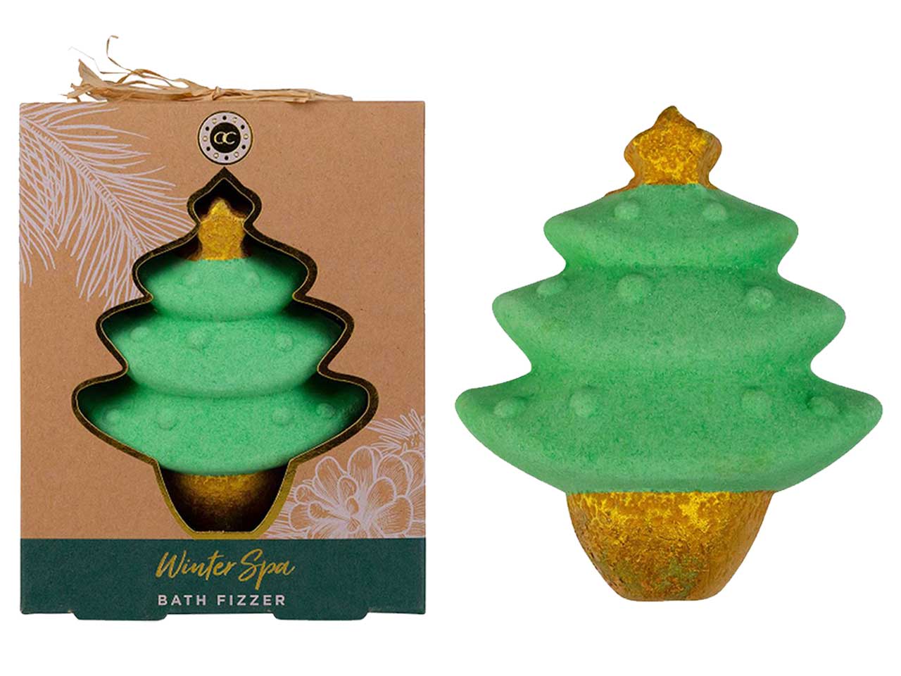 Sali da bagno winter spa a forma di albero di natale in confezione regalo da 90g fragranza pino e bacche invernali colore verde marrone e rosso