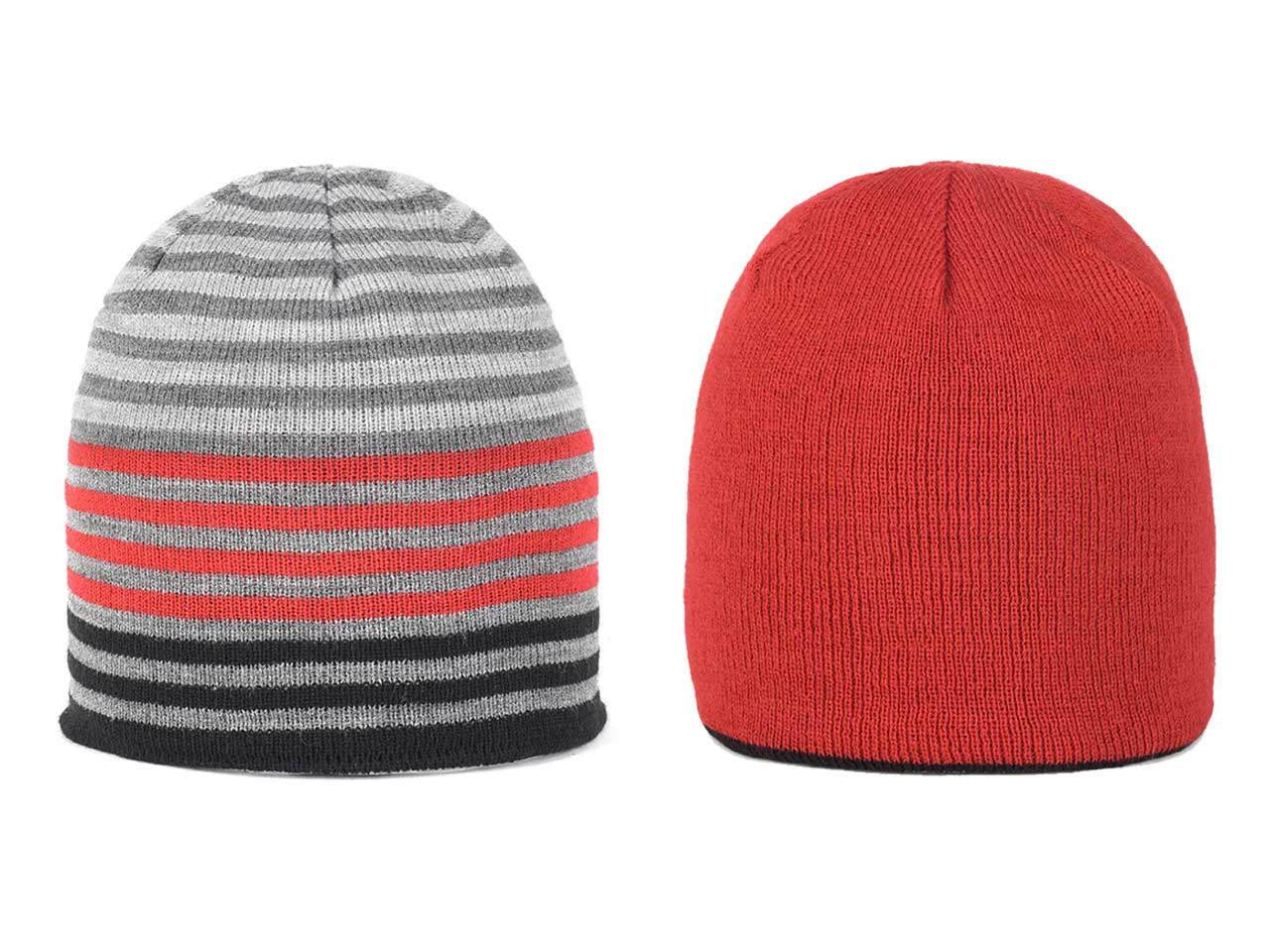 Cappello cuffia in maglia reversibile a righe con interno tinta unita rosso