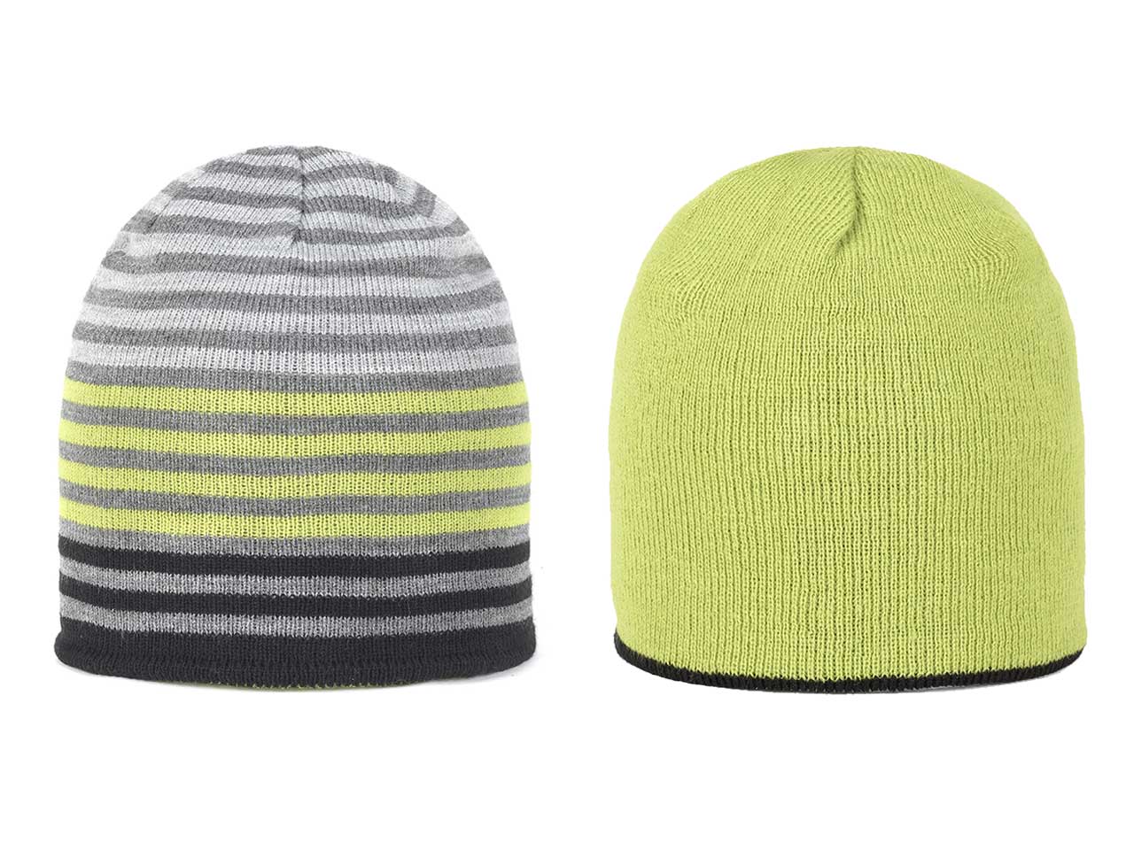 Cappello cuffia in maglia reversibile a righe con interno tinta unita lime