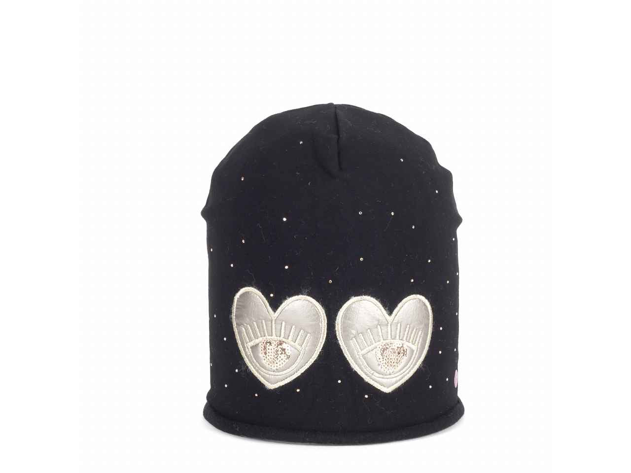 Cappello cuffia felpa nero chiaro con patch occhi e paillettes