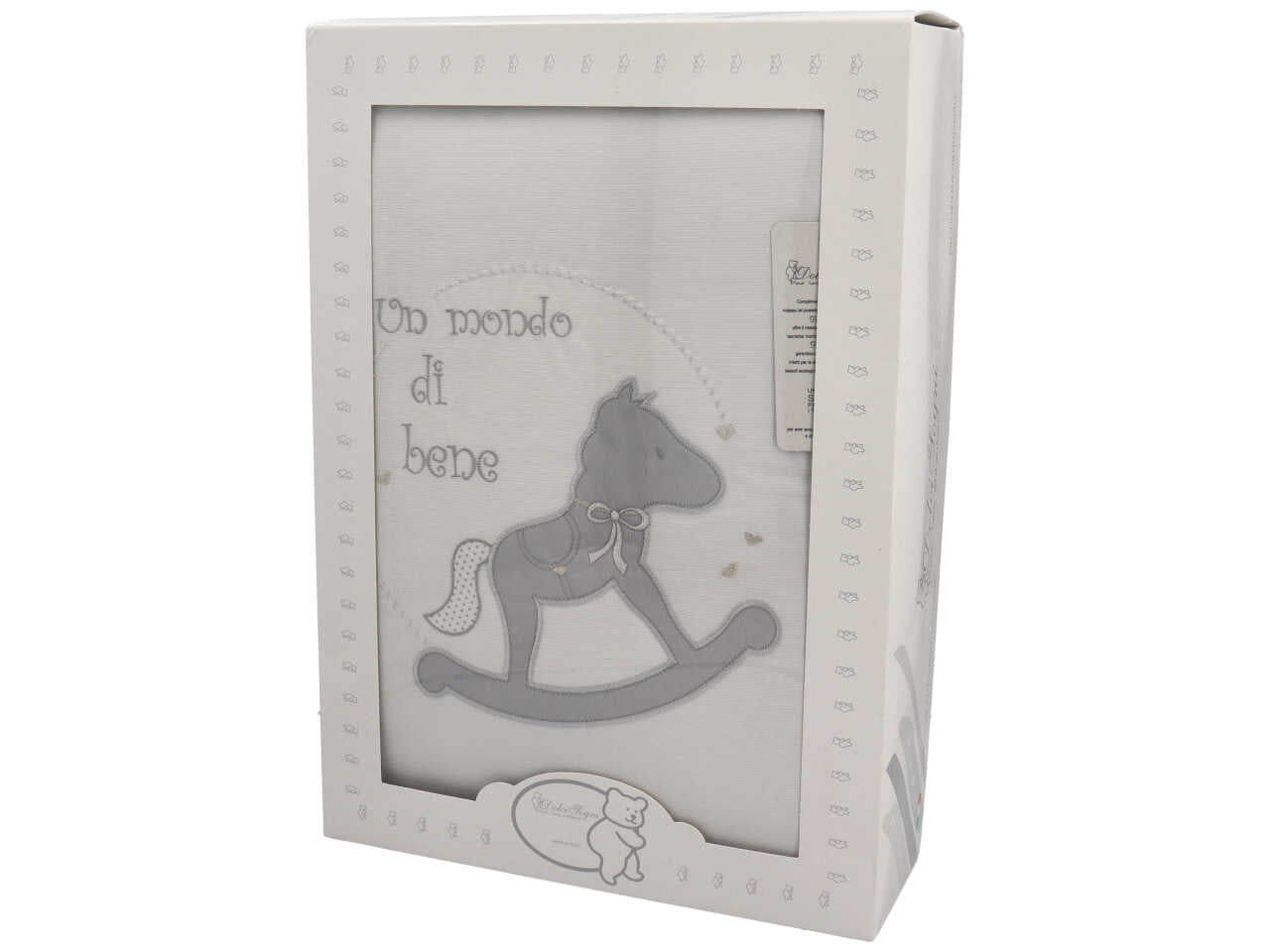 Coperta culla piquet in cotone bianco e grigio con cavallo a dondolo 75x92 cm - Dolci Sogni