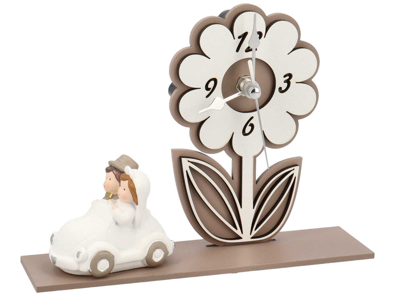 Coppia di sposi con fiore e orologio