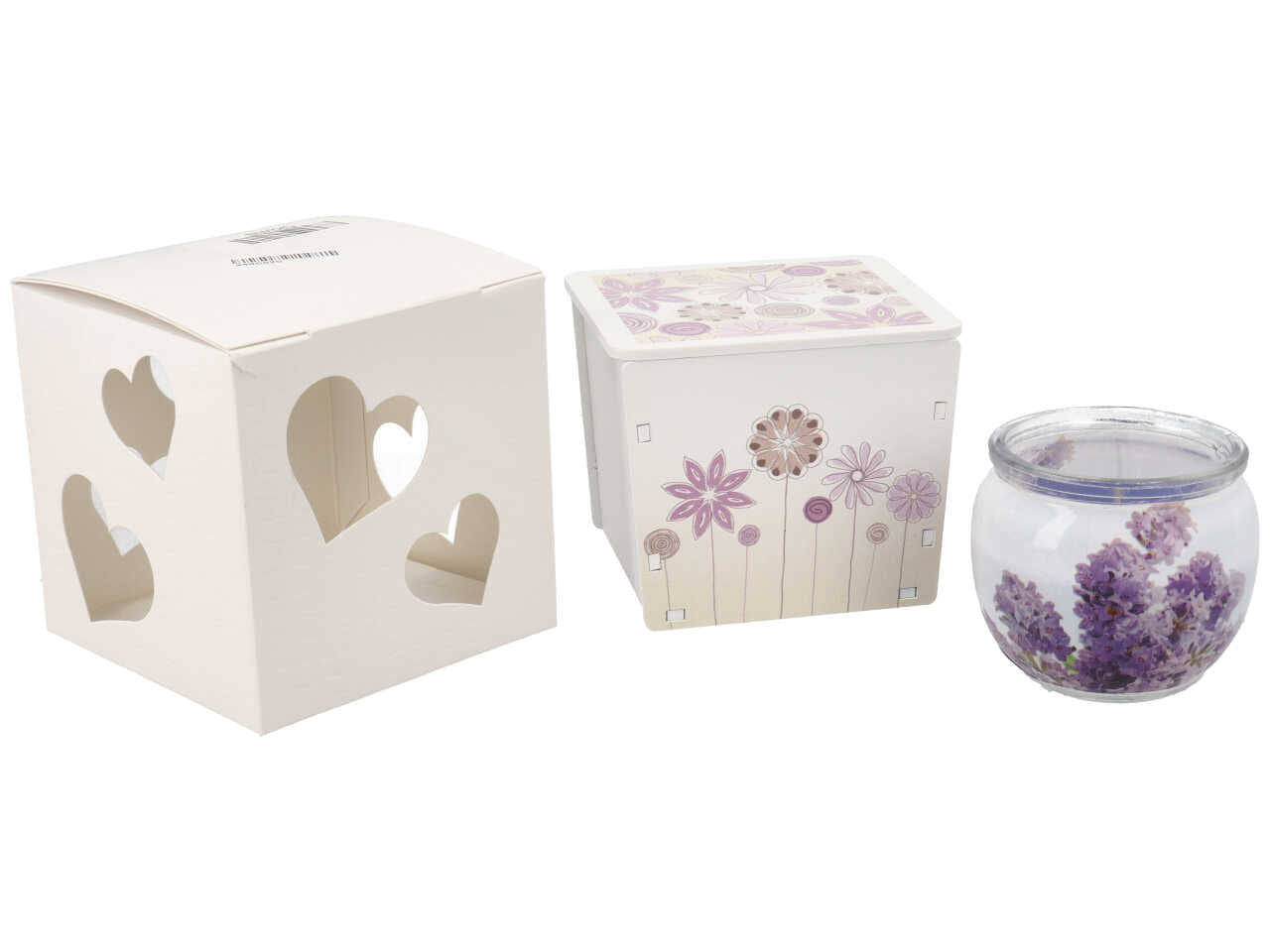 Candela con contenitore legno fantasia lilla