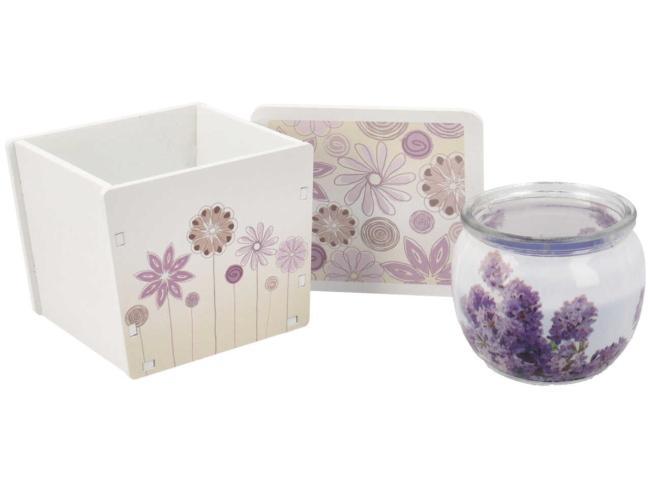 Candela con contenitore legno fantasia lilla