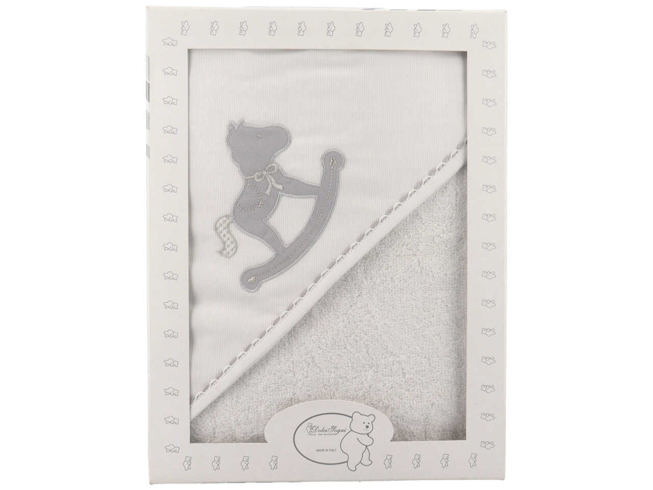 Accappatoio triangolo neonato in cotone bianco e grigio con cavallo a dondolo 70x75 cm - Dolci sogni