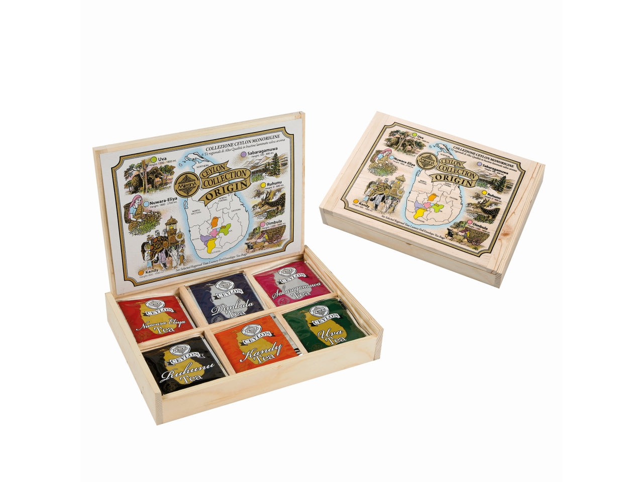 Ceylon origin collection scatola regalo in legno con 6 tè monorigine di ceylon 30 filtri salvaroma per 2gr