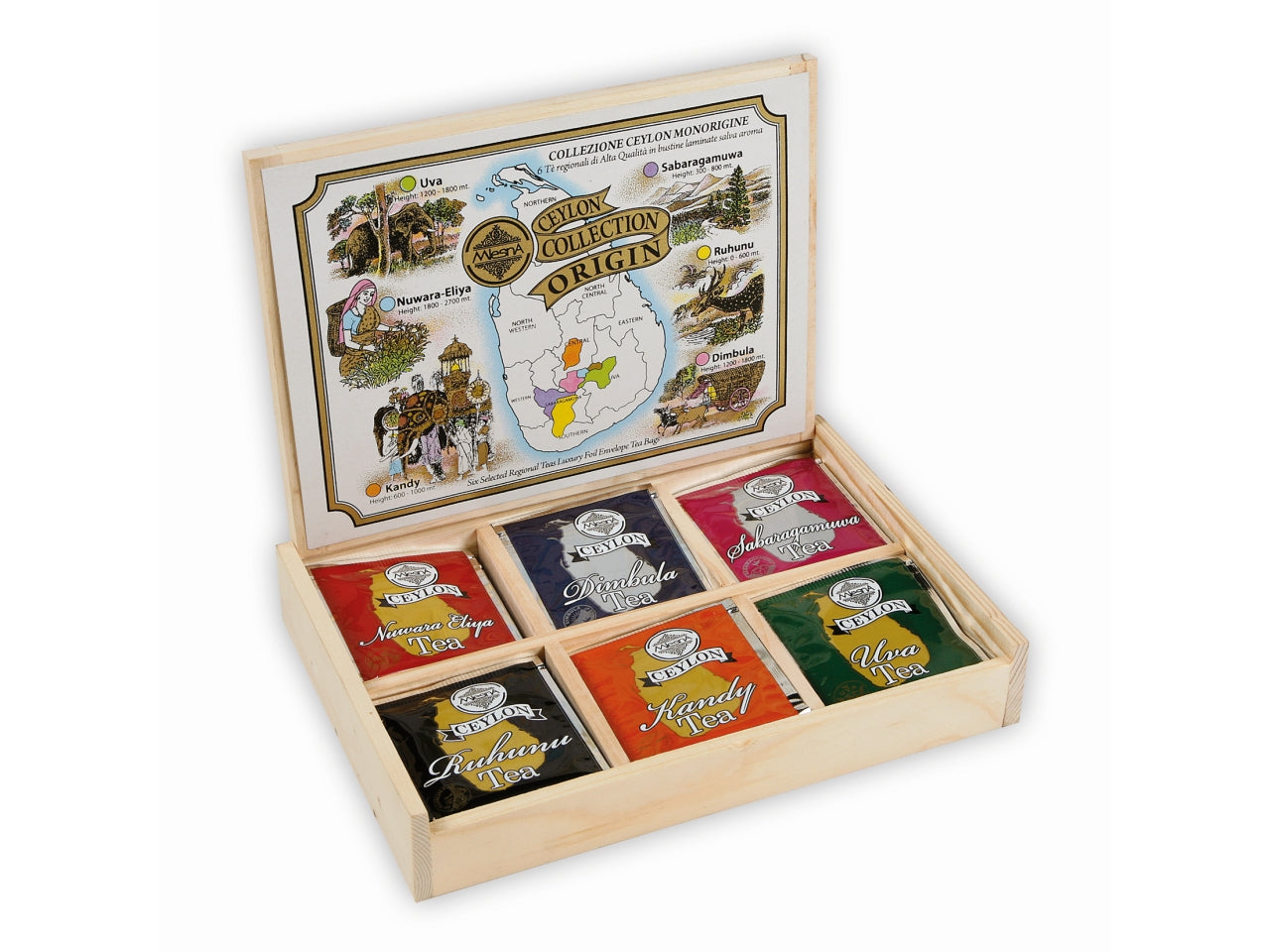 Ceylon origin collection scatola regalo in legno con 6 tè monorigine di ceylon 30 filtri salvaroma per 2gr