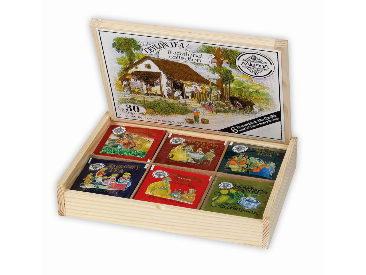 Traditional collection scatola regalo in legno con 6 tè classici di ceylon 30 filtri salvaroma per 2gr