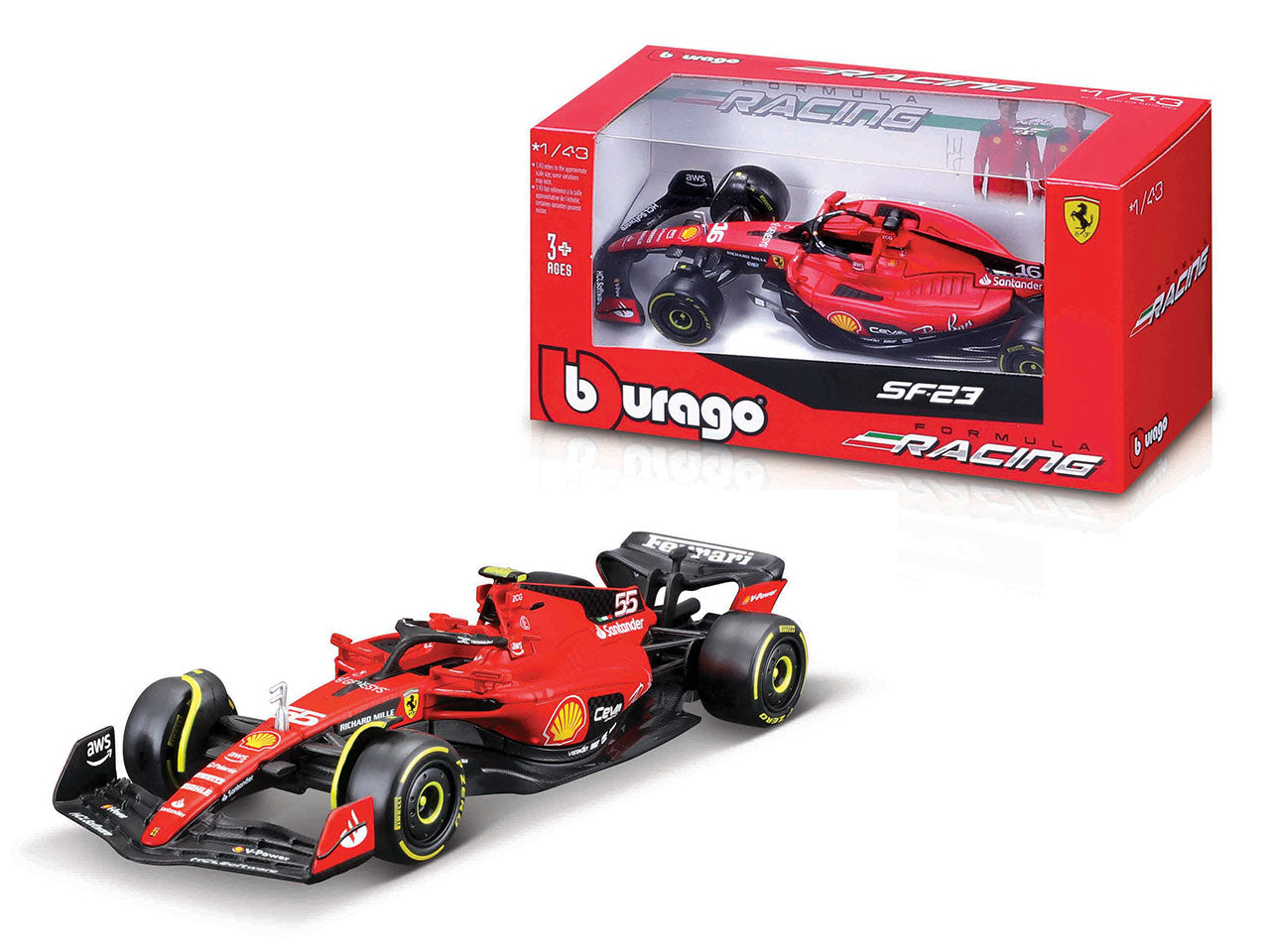 Modellino Auto F1 Ferrari SF-23 #55 Sainz - Scala 1:43: Die-cast Rosso e Nero, Dettagli Realistici, Licenza Ufficiale Ferrari, Dimensioni 31x23x31 cm, Età 3+ | Bburago