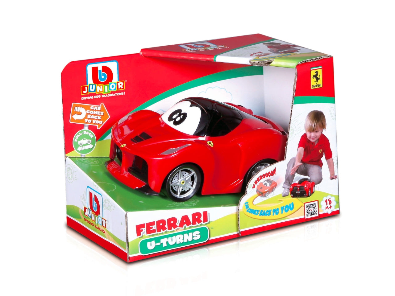 Auto Giocattolo U-Turns Ferrari con Retrocarica: Die-cast Rosso, Licenza Ufficiale Ferrari, Funzione Speciale di Ritorno, Dimensioni 10,16x12,1x17,15 cm, Età 12m+ | Bburago Junior