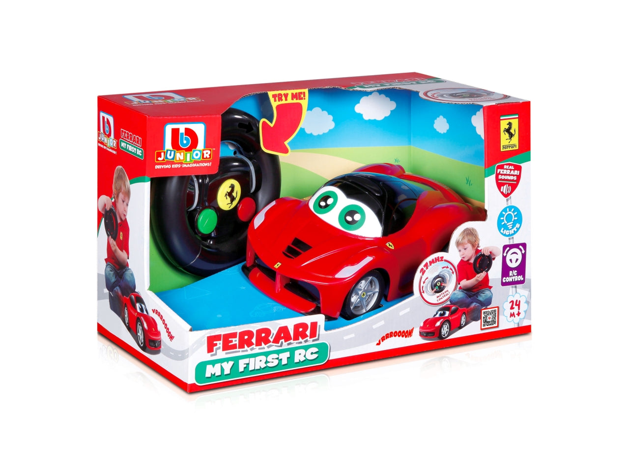 Auto Giocattolo My First Ferrari Radiocomandata Luci e Suoni: Die-cast, Licenza Ufficiale Ferrari, 27 MHz, Funzione Avanti-Indietro, Motion Control (Destra-Sinistra), Dimensioni 18,42x20,96x33,02 cm, Età 24m+ | Bburago Junior
