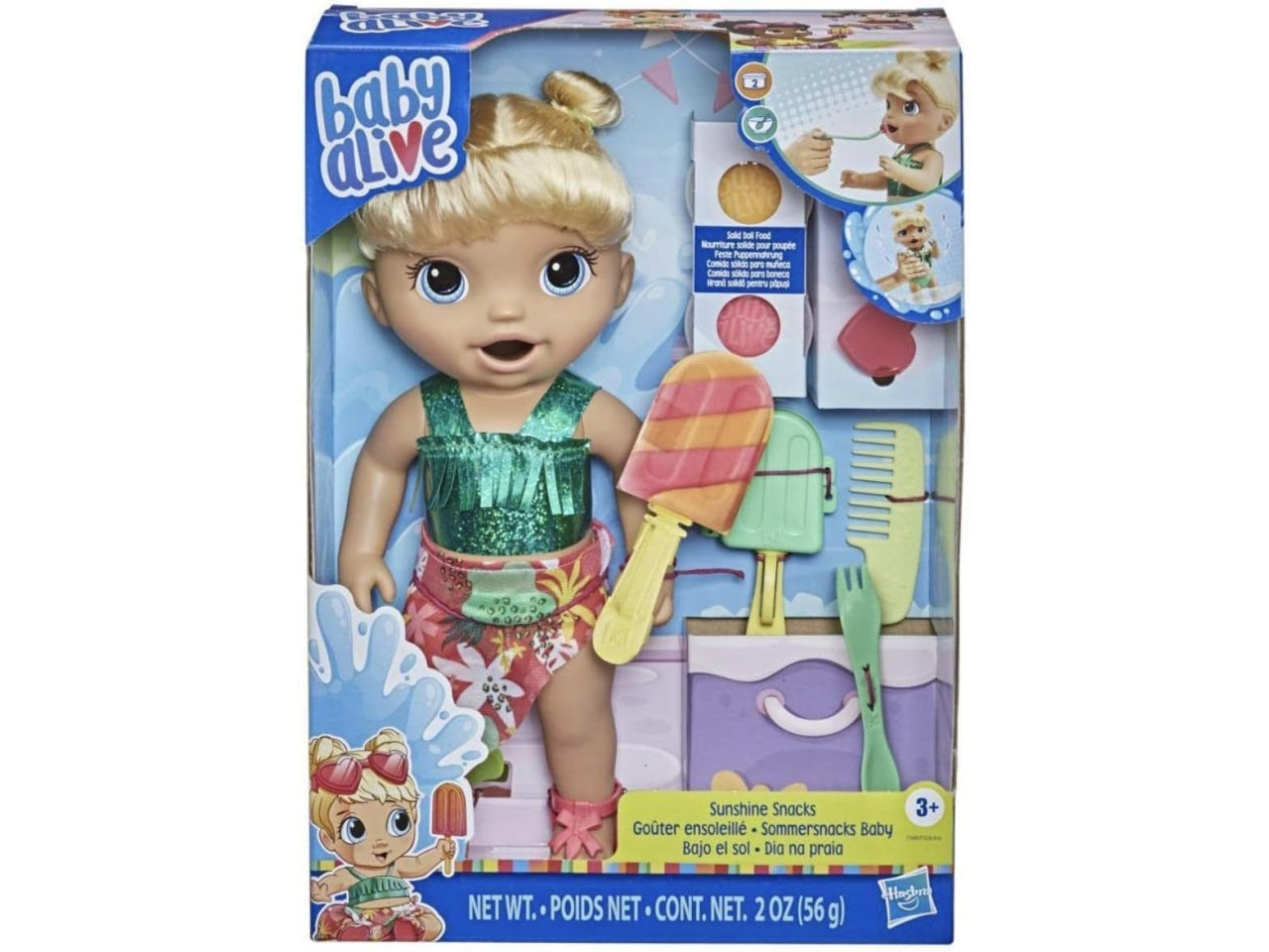 Baby Alive bionda Sunshine Snacks, bambola con accessori inclusi per bambini dai 3+ anni, Hasbro