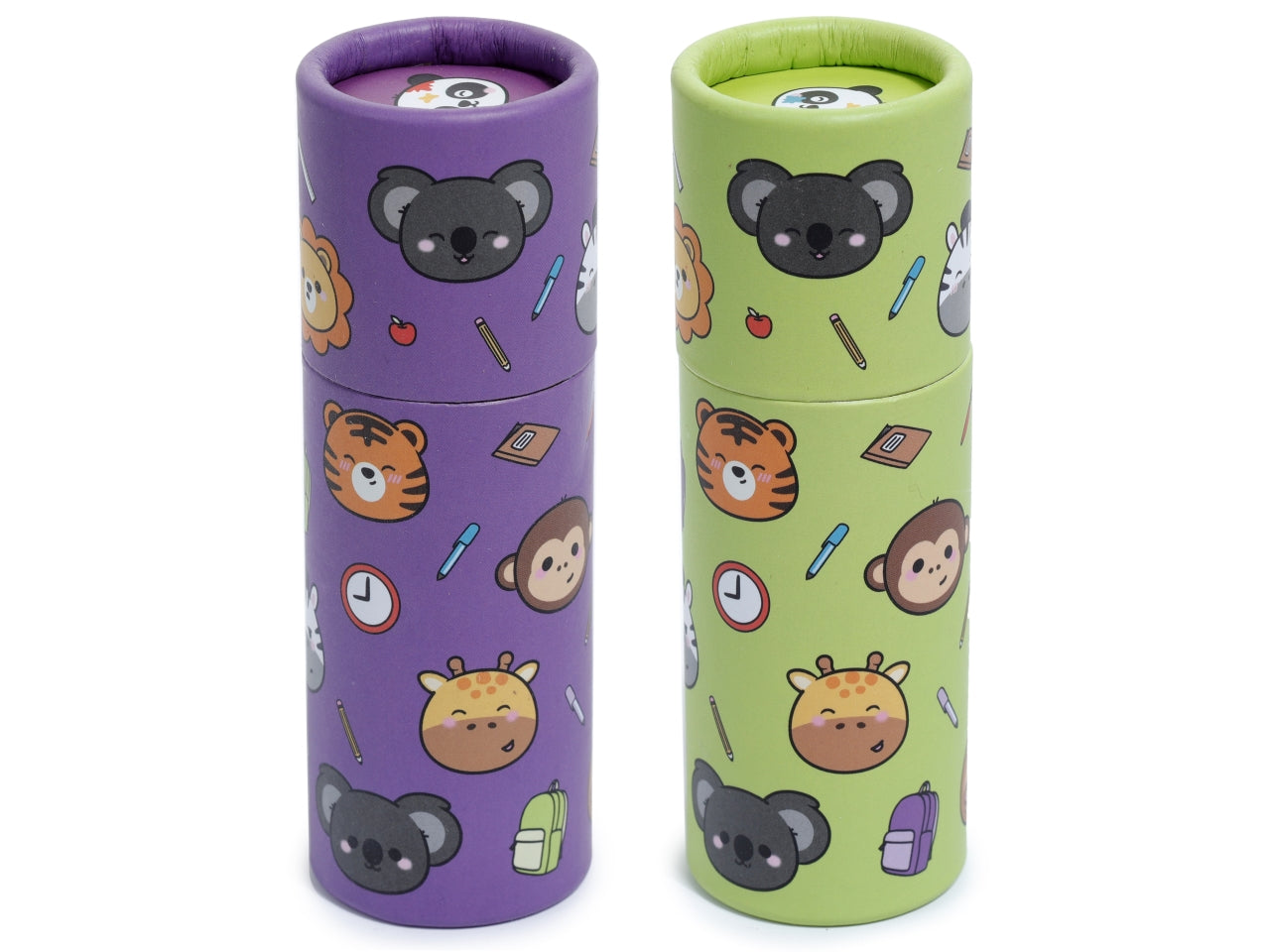 Tubo con 12 matite colorate con animali legno e cartoncino viola e verde - Puckator