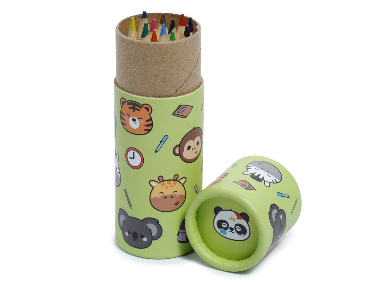 Tubo con 12 matite colorate con animali legno e cartoncino viola e verde - Puckator