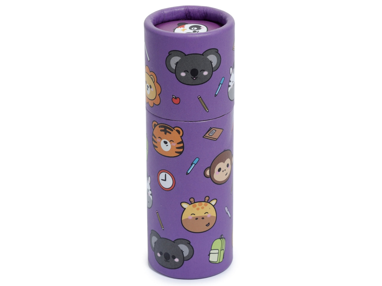 Tubo con 12 matite colorate con animali legno e cartoncino viola e verde - Puckator