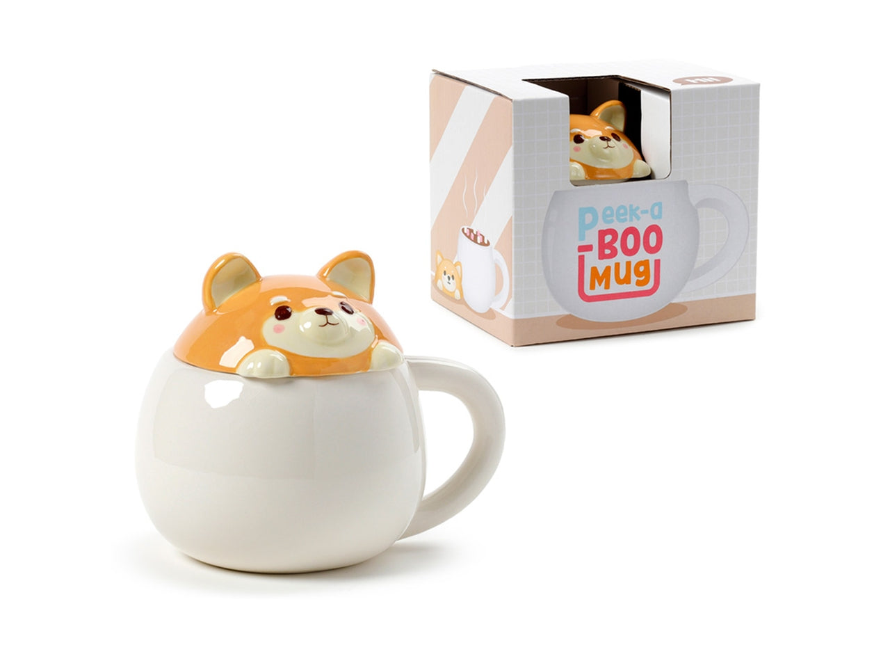 Tazza mug in ceramica dolomite bianco e arancio con coperchio a forma di testa di cane Shiba - Puckator