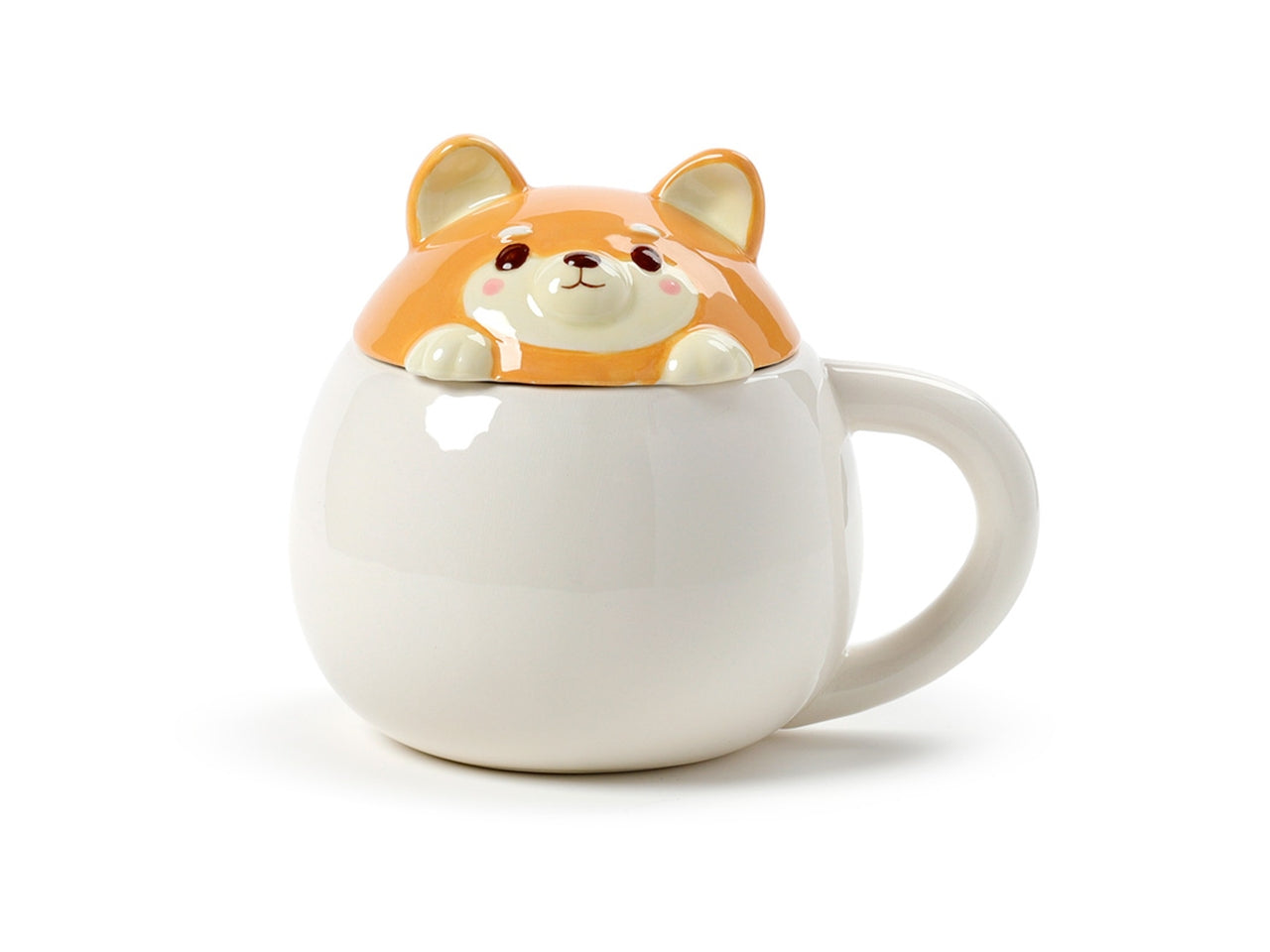 Tazza mug in ceramica dolomite bianco e arancio con coperchio a forma di testa di cane Shiba - Puckator