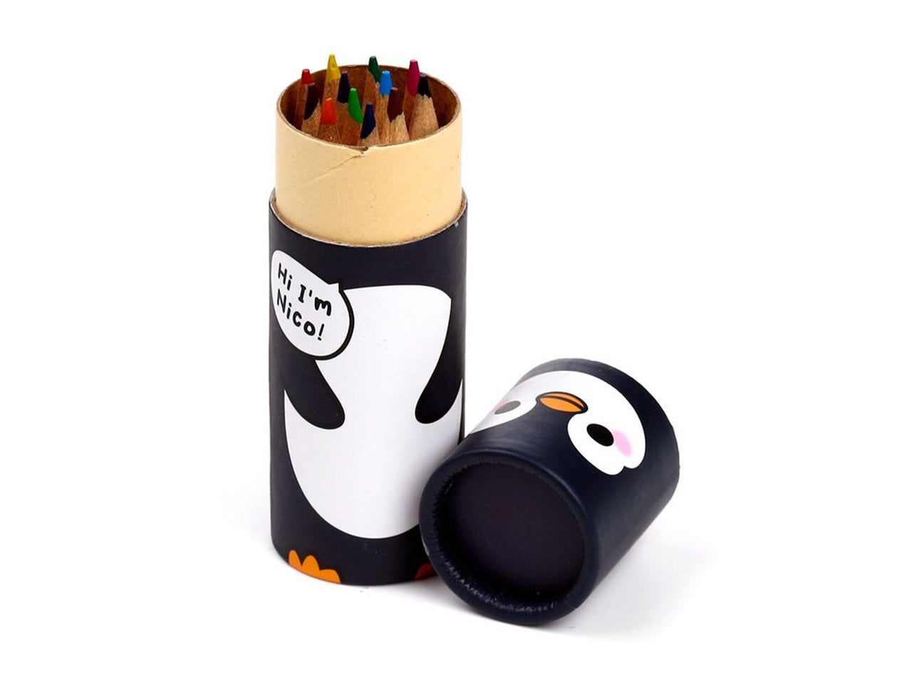 Tubo con 12 matite colorate pinguino legno e cartoncino nero - Puckator