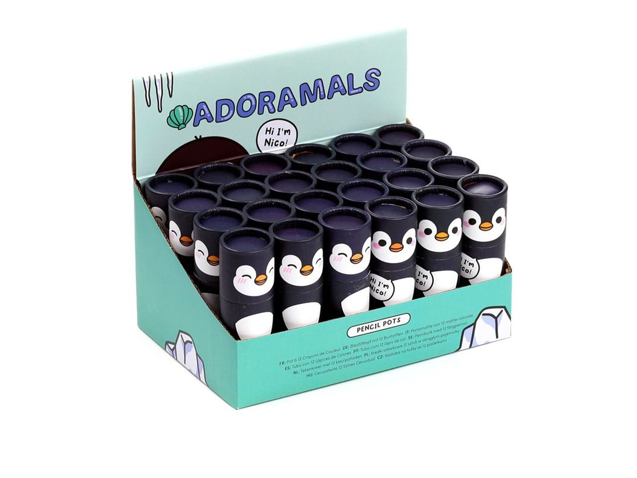 Tubo con 12 matite colorate pinguino legno e cartoncino nero - Puckator