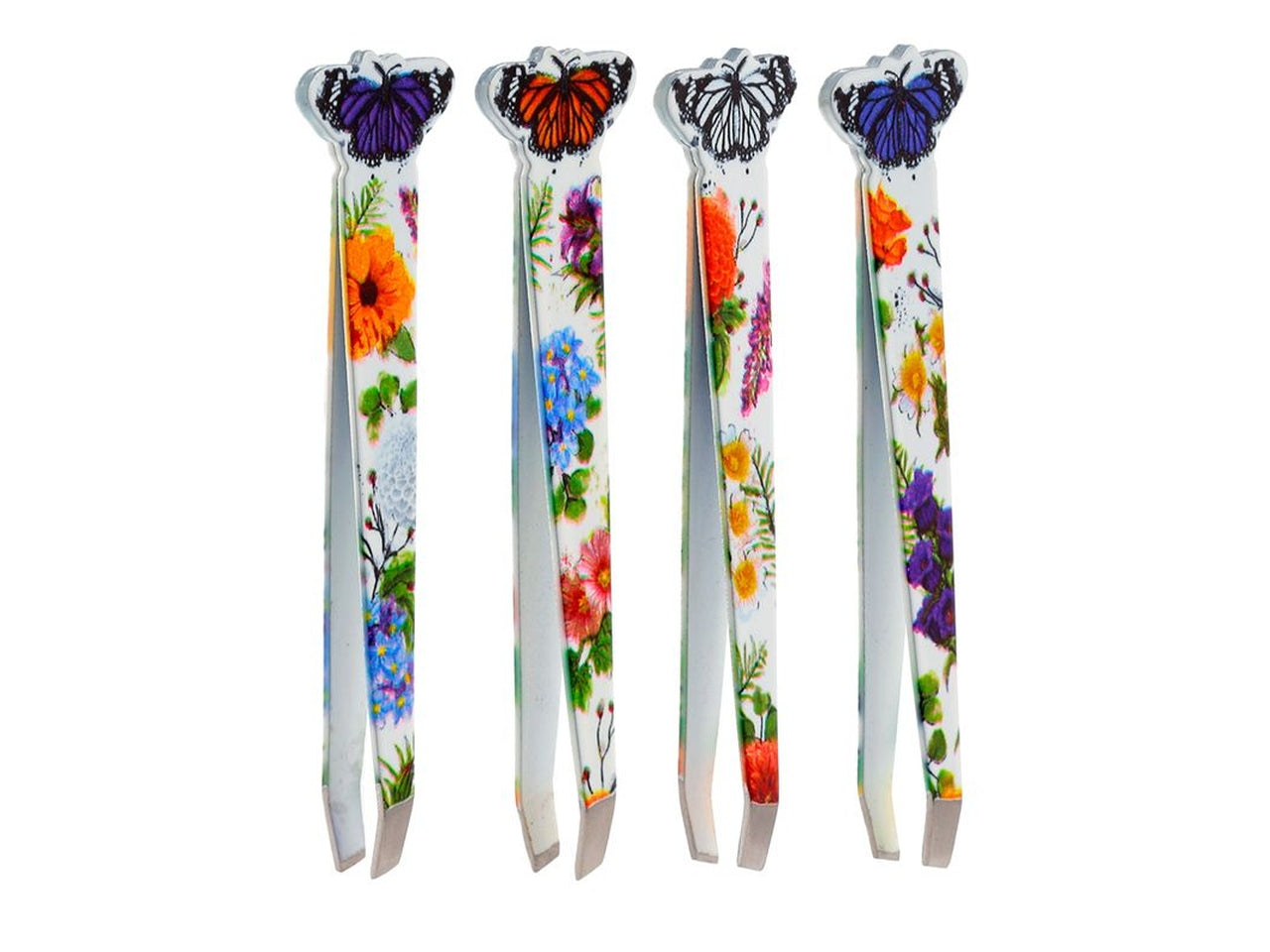 Pinzette per sopracciglia butterfly in metallo, multicolor con decorazione floreale e dettaglio farfalla - Puckator