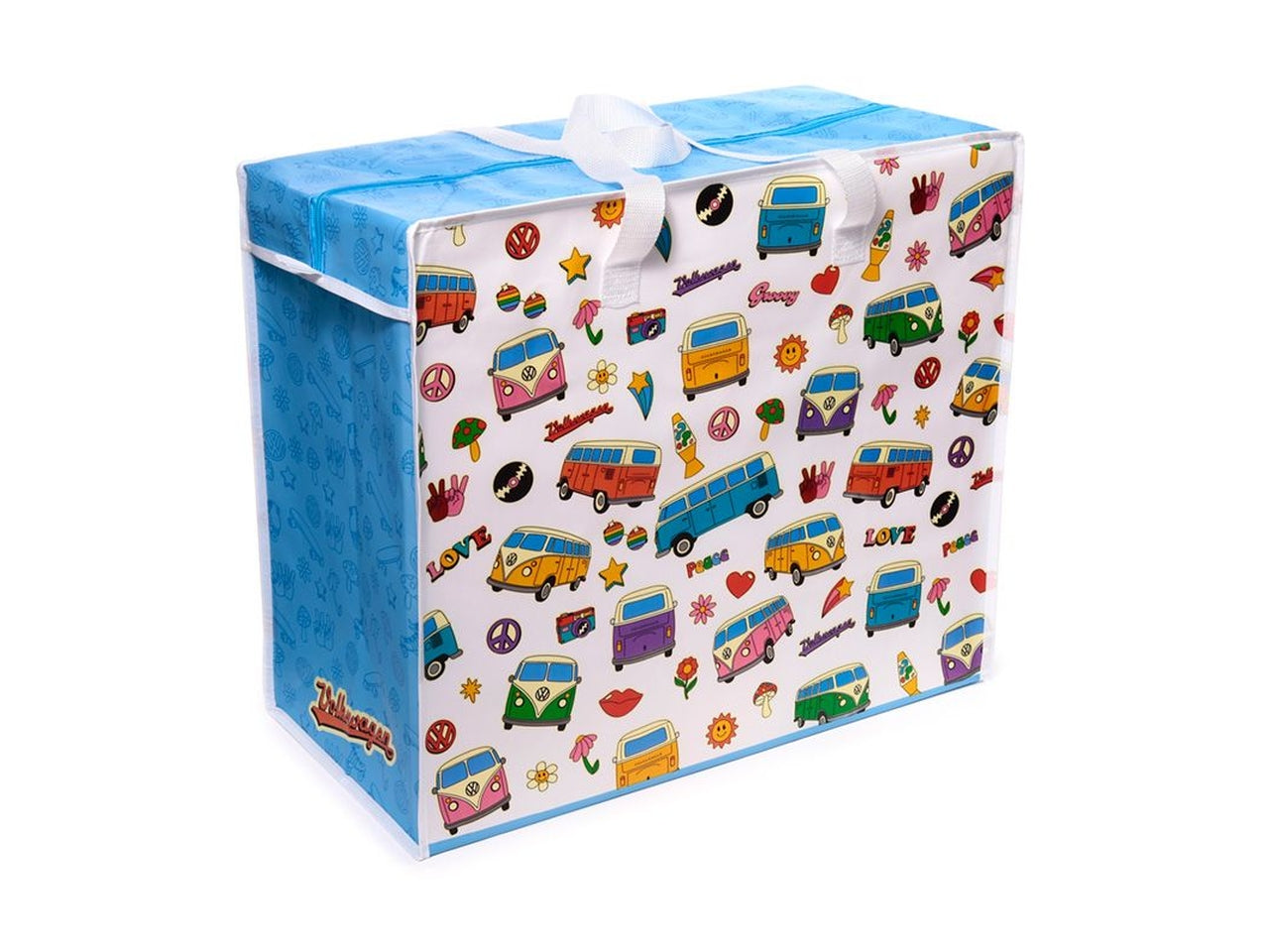 Sacca per il bucato con zip in polipropilene, celeste e bianco, vintage con grafica di pulmino Volkswagen 48x55x28 cm - Puckator
